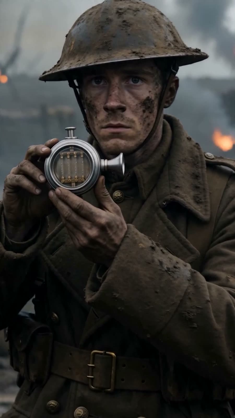 Soldado de la Primera Guerra con el casco embarrado sostiene un dispositivo de metal y vidrio frente al pecho, en una trinchera humeante, de la serie vertical The Strange Forces