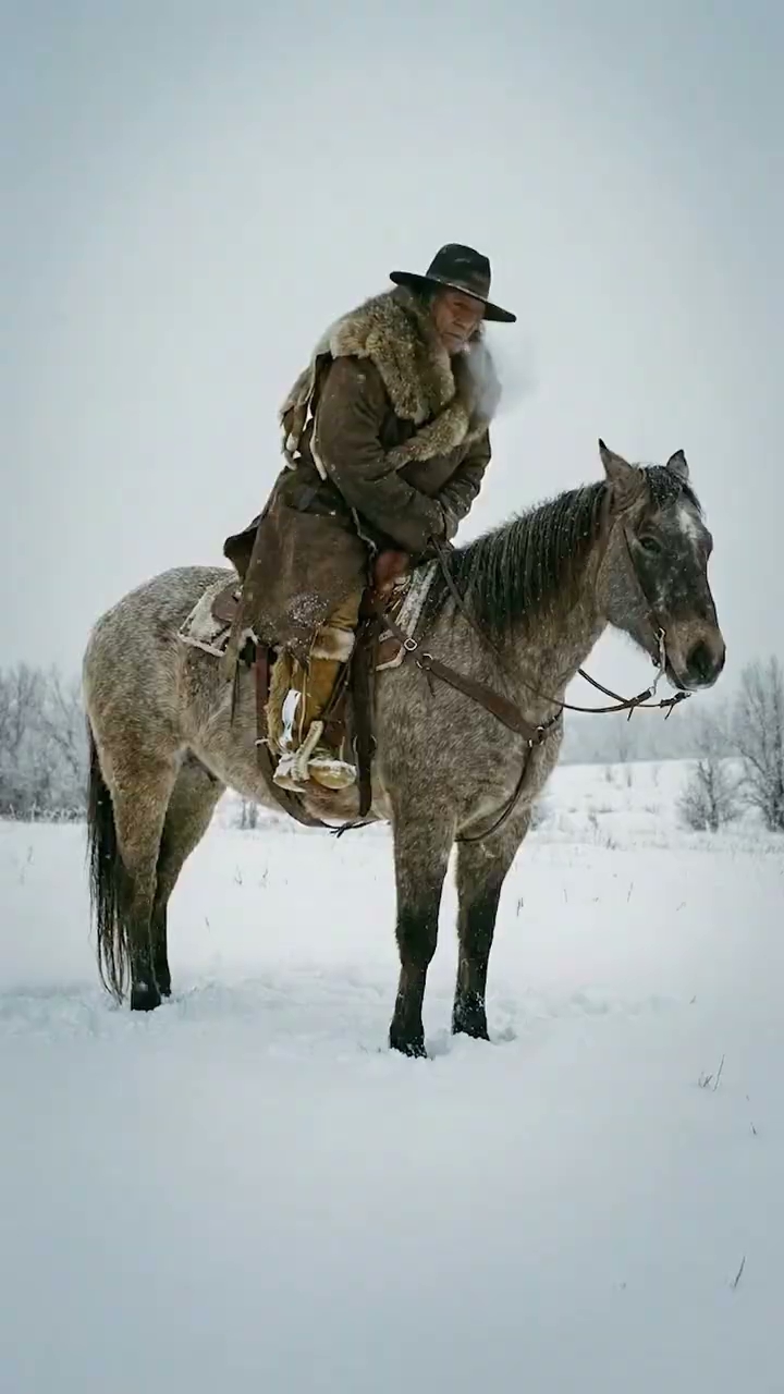 Jinete con sombrero de ala ancha sobre un caballo en un campo nevado, del long form ad para Earthing Harmony