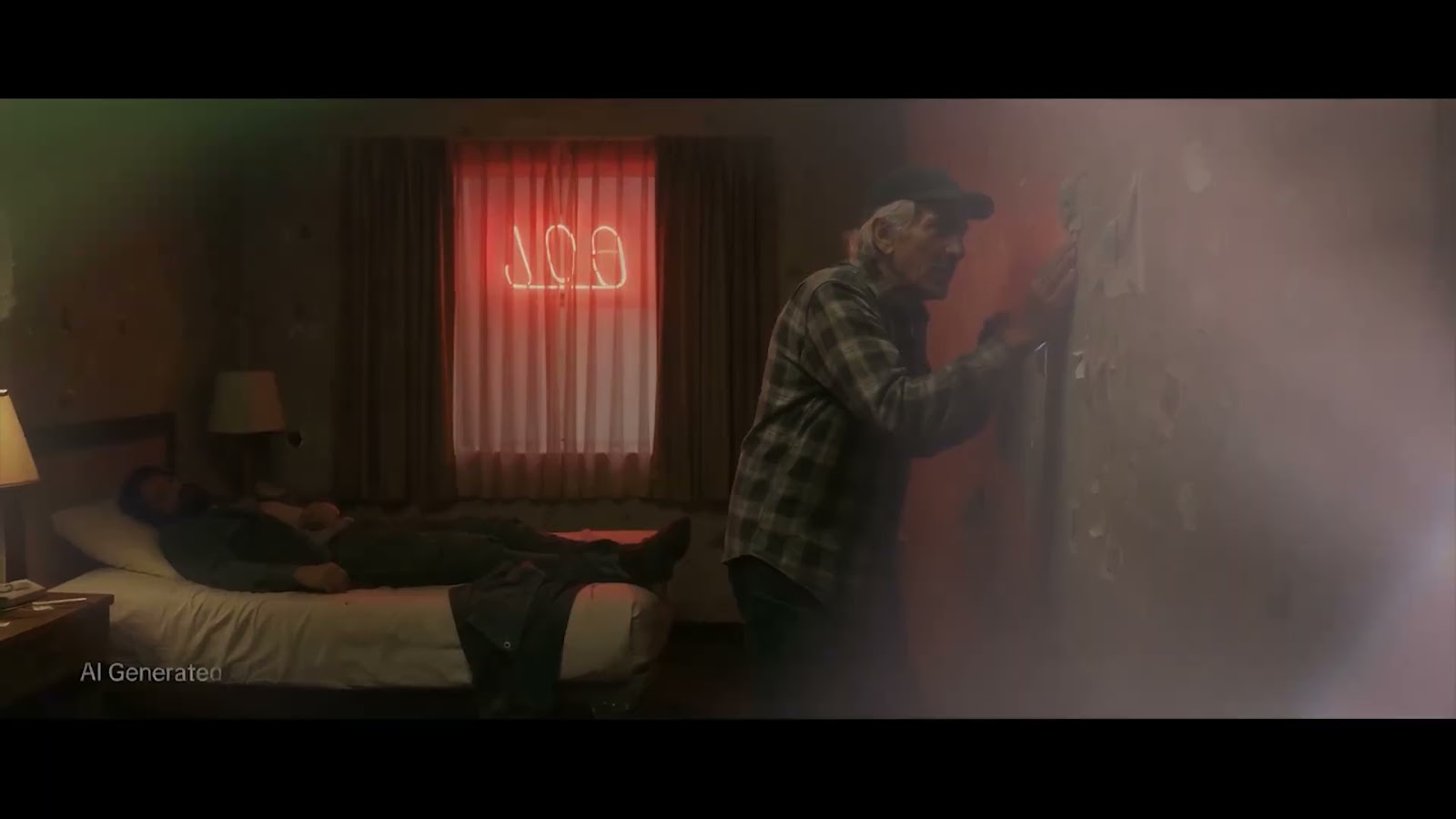 Habitación de motel de noche con neón rojo en la ventana y un hombre apoyado contra la pared, del cortometraje Manual para cazar una ballena