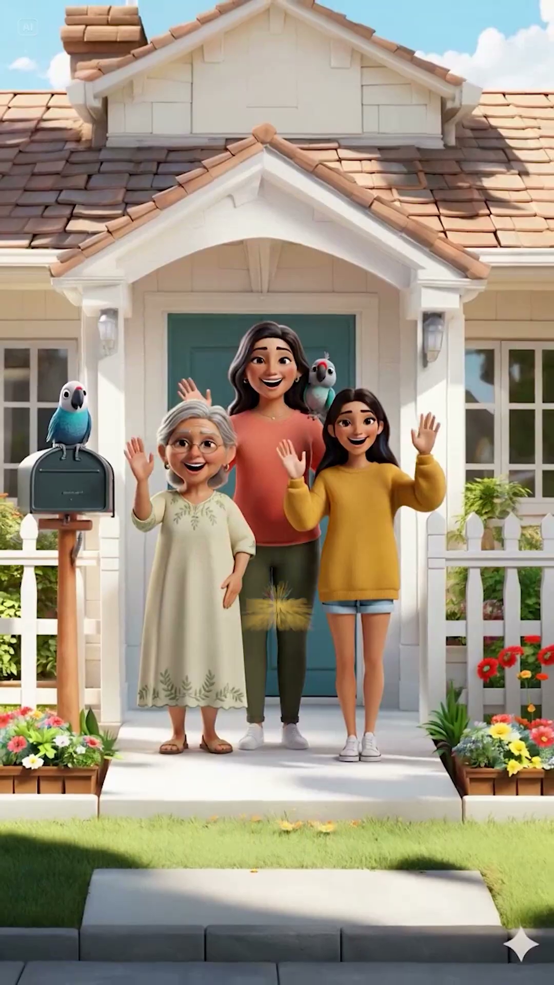 Tres personajes animados en 3D saludan frente a una casa suburbana, de la serie animada para Betterwase