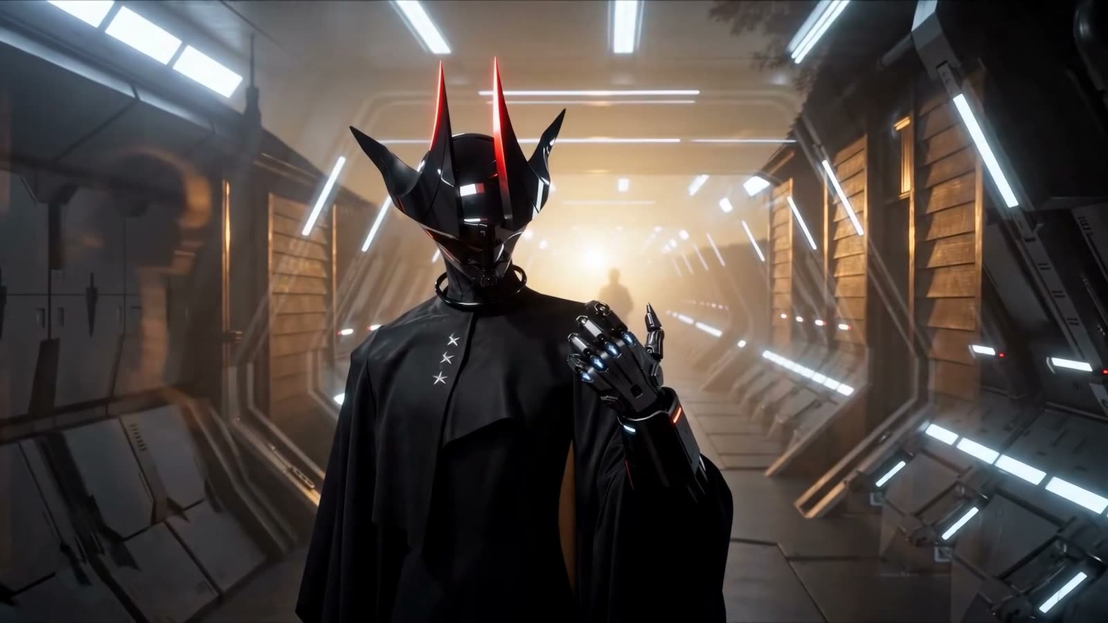 Oficial con casco negro de cuernos rojos y mano mecánica en un pasillo de nave iluminado, de la cinematic The Officer de Muterra