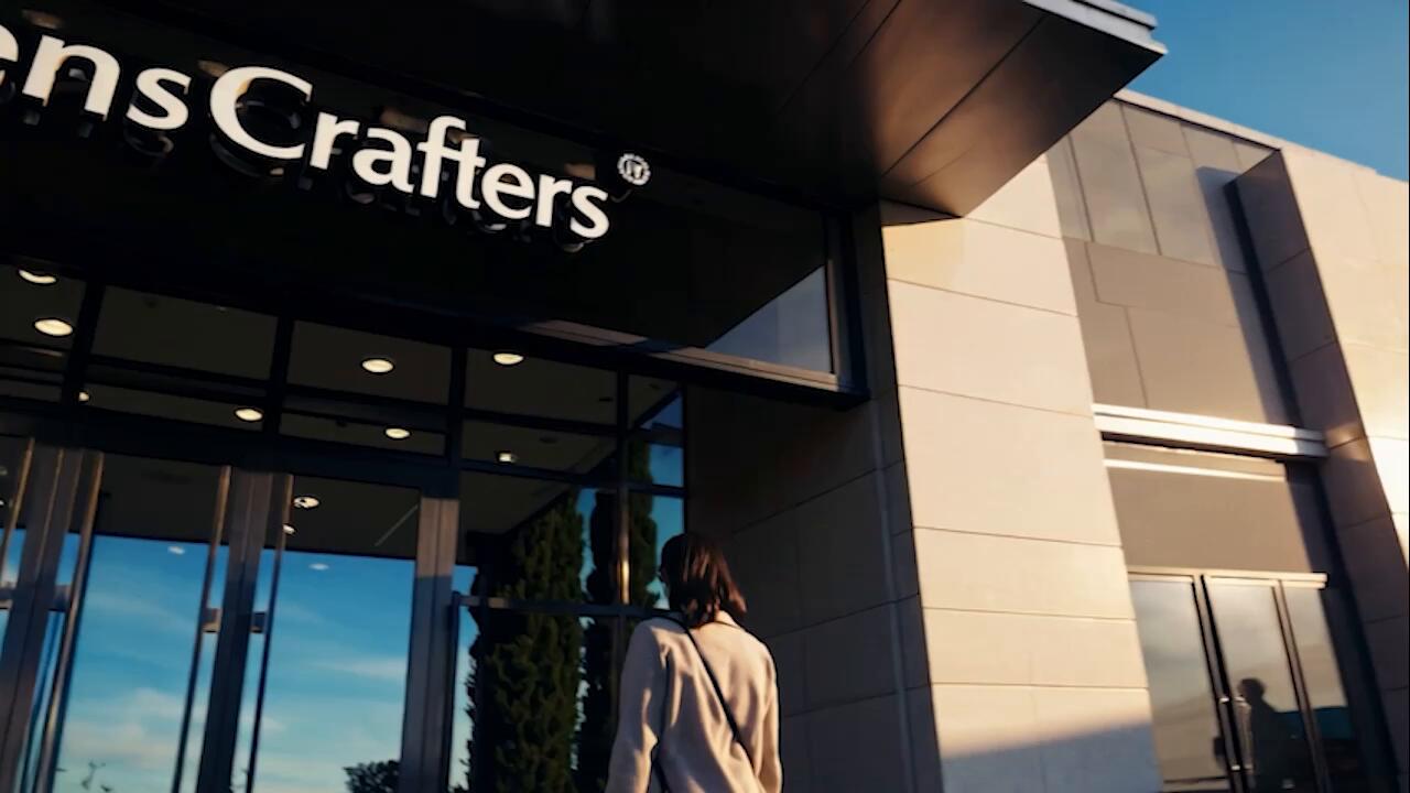 Frente de un local de LensCrafters a contraluz del atardecer con una persona entrando, del aviso para LensCrafters