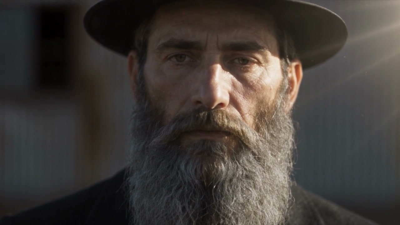 Primer plano de un hombre de barba larga y sombrero de ala ancha a contraluz, del pitch teaser de La Villa de Moisés
